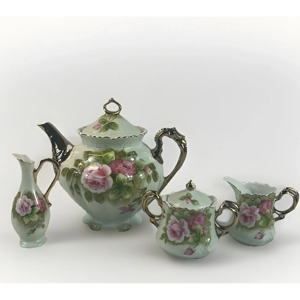 Vtg Lefton Heritage Rose Tea Set Teapot Sugar Creamer Bud Vase Gold Hand Painted